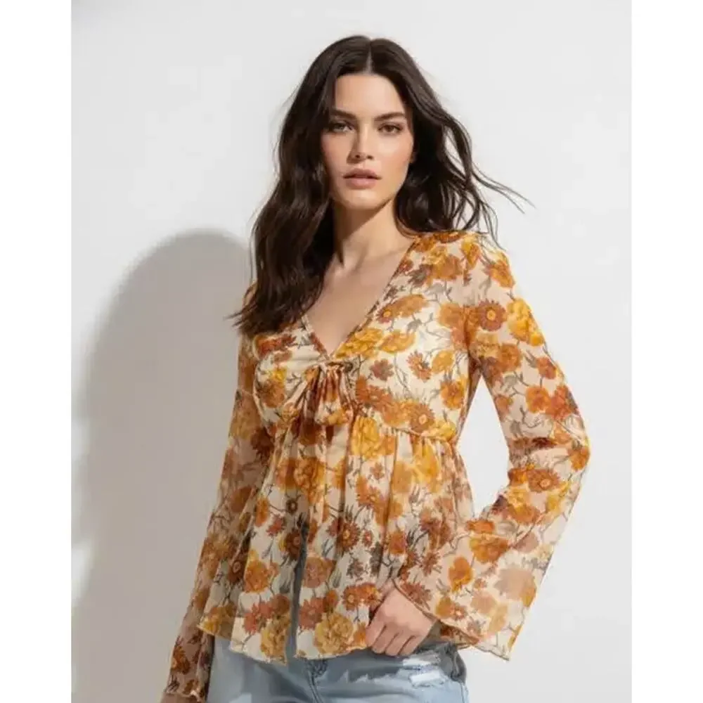 Floral Print V Neck Long Sleeve Bow Tie Front Sheer Blouse Top